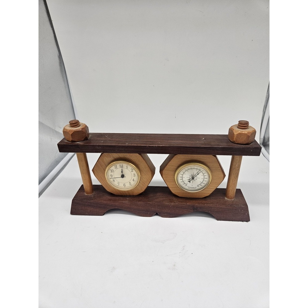 Wooden Mantel Clock And Thermometer